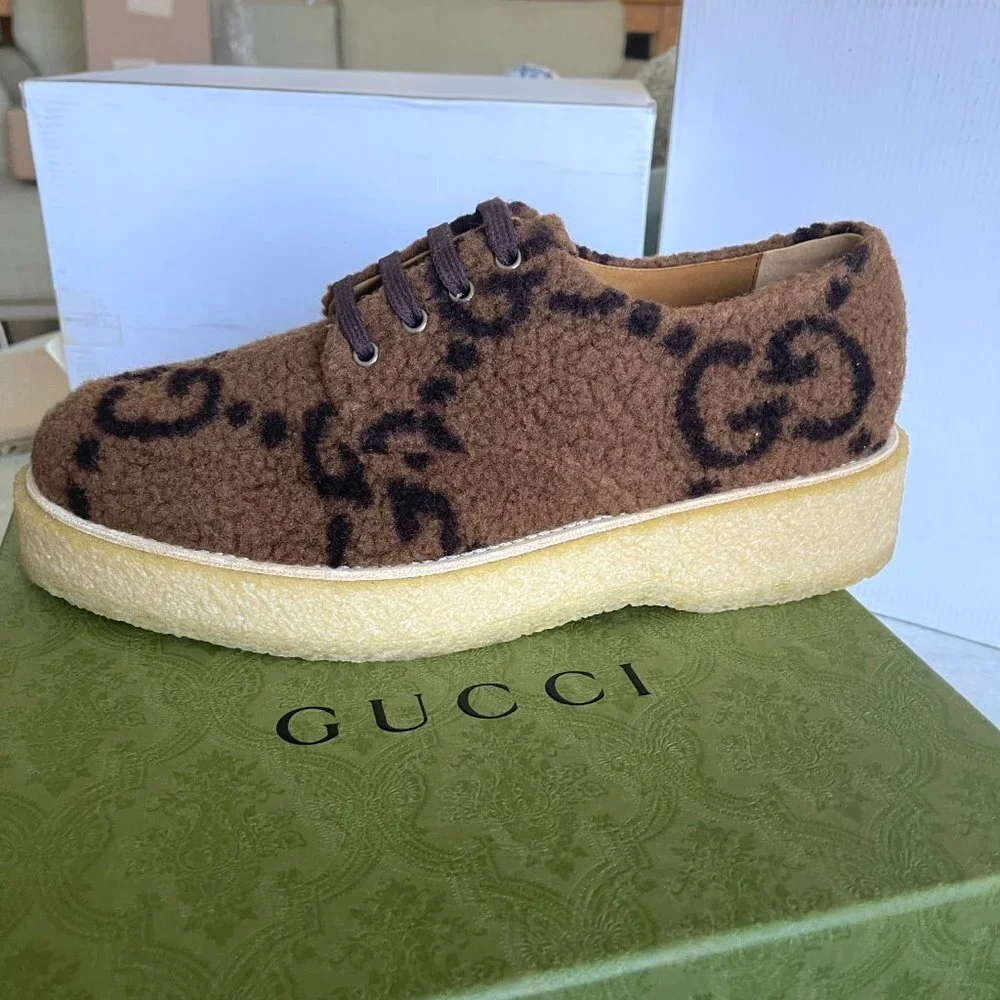 Gucci Hooper Men's Brown Lace up Knit Fur GG shoe, Sz. Gucci 9, , 719712